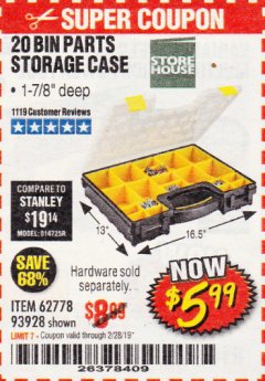 Harbor Freight Coupon 20 BIN PORTABLE PARTS STORAGE CASE Lot No. 62778/93928 Expired: 2/28/19 - $5.99