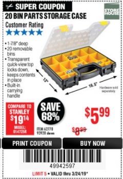 Harbor Freight Coupon 20 BIN PORTABLE PARTS STORAGE CASE Lot No. 62778/93928 Expired: 3/24/19 - $5.99