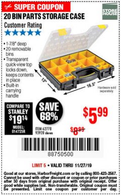 Harbor Freight Coupon 20 BIN PORTABLE PARTS STORAGE CASE Lot No. 62778/93928 Expired: 11/27/19 - $5.99