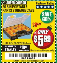 Harbor Freight Coupon 20 BIN PORTABLE PARTS STORAGE CASE Lot No. 62778/93928 Expired: 2/15/20 - $5.99