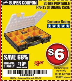 Harbor Freight Coupon 20 BIN PORTABLE PARTS STORAGE CASE Lot No. 62778/93928 Expired: 6/30/20 - $6