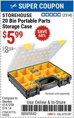 Harbor Freight Coupon 20 BIN PORTABLE PARTS STORAGE CASE Lot No. 62778/93928 Expired: 8/31/20 - $5.99