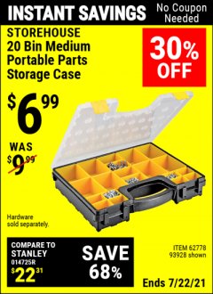Harbor Freight Coupon 20 BIN PORTABLE PARTS STORAGE CASE Lot No. 62778/93928 Expired: 7/22/21 - $6.99