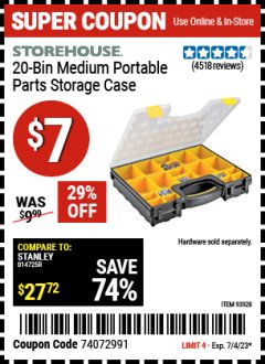 Harbor Freight Coupon 20 BIN PORTABLE PARTS STORAGE CASE Lot No. 62778/93928 Expired: 7/4/23 - $7