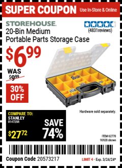 Harbor Freight Coupon 20 BIN PORTABLE PARTS STORAGE CASE Lot No. 62778/93928 Expired: 3/24/24 - $6.99