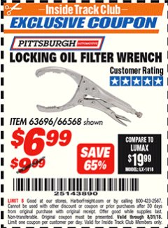 Harbor Freight ITC Coupon LOCKING OIL FILTER WRENCH Lot No. 63696/66568 Expired: 8/31/18 - $6.99