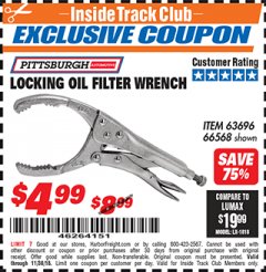 Harbor Freight ITC Coupon LOCKING OIL FILTER WRENCH Lot No. 63696/66568 Expired: 11/30/18 - $4.99