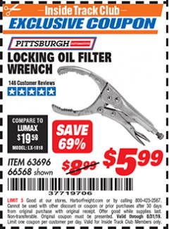 Harbor Freight ITC Coupon LOCKING OIL FILTER WRENCH Lot No. 63696/66568 Expired: 8/31/19 - $5.99