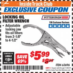 Harbor Freight ITC Coupon LOCKING OIL FILTER WRENCH Lot No. 63696/66568 Expired: 11/30/19 - $5.99