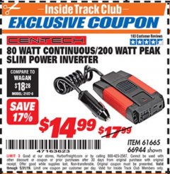 Harbor Freight ITC Coupon 80 WATT CONTINUOUS / 200 WATT PEAK SLIM POWER INVERTER Lot No. 61665/66944 Expired: 5/31/19 - $14.99