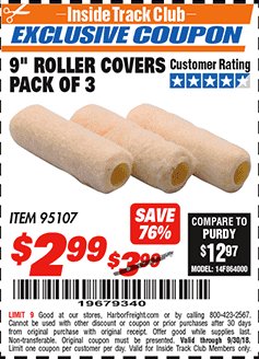Harbor Freight ITC Coupon 9" ROLLER COVERS PACK OF 3 Lot No. 95107 Expired: 9/30/18 - $2.99