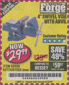 Harbor Freight Coupon 4" SWIVEL VICE WITH ANVIL Lot No. 67035/63330/61553 Expired: 4/13/19 - $29.99