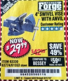 Harbor Freight Coupon 4" SWIVEL VICE WITH ANVIL Lot No. 67035/63330/61553 Expired: 8/31/19 - $29.99