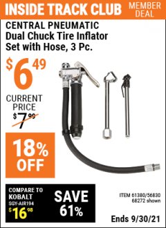 Harbor Freight ITC Coupon DUAL CHUCK TIRE INFLATOR Lot No. 68272/61380 Expired: 9/30/21 - $6.49
