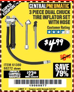 Harbor Freight Coupon DUAL CHUCK TIRE INFLATOR Lot No. 68272/61380 Expired: 6/2/18 - $4.99