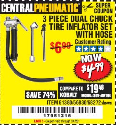 Harbor Freight Coupon DUAL CHUCK TIRE INFLATOR Lot No. 68272/61380 Expired: 2/4/20 - $0