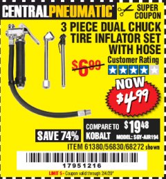 Harbor Freight Coupon DUAL CHUCK TIRE INFLATOR Lot No. 68272/61380 Expired: 2/4/20 - $0