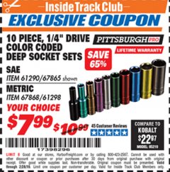 Harbor Freight ITC Coupon 10 PIECE 1/4" DRIVE COLOR CODED DEEP SOCKET SETS Lot No. 67865/61290/61298/67868 Expired: 2/28/19 - $7.99