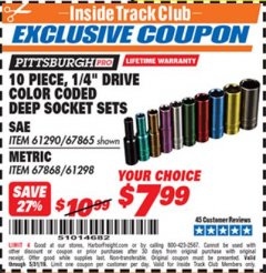 Harbor Freight ITC Coupon PITTSBURGH PRO 1/4 IN. DRIVE COLOR-CODED DEEP SOCKET SET, 10-PIECE Lot No. 67865/67868 Expired: 5/31/19 - $7.99