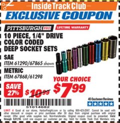 Harbor Freight ITC Coupon 10 PIECE 1/4" DRIVE COLOR CODED DEEP SOCKET SETS Lot No. 67865/61290/61298/67868 Expired: 5/31/19 - $7.99