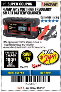 Harbor Freight Coupon 4AMP 6/12V HIGH FREQUENCY SMART BATTERY CHARGER Lot No. 63350 Expired: 9/30/18 - $24.99