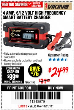 Harbor Freight Coupon 4AMP 6/12V HIGH FREQUENCY SMART BATTERY CHARGER Lot No. 63350 Expired: 12/31/18 - $24.99