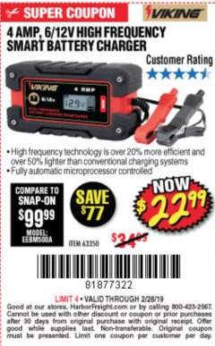 Harbor Freight Coupon 4AMP 6/12V HIGH FREQUENCY SMART BATTERY CHARGER Lot No. 63350 Expired: 2/28/19 - $22.99