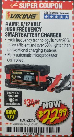 Harbor Freight Coupon 4AMP 6/12V HIGH FREQUENCY SMART BATTERY CHARGER Lot No. 63350 Expired: 3/31/19 - $22.99