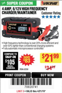 Harbor Freight Coupon 4AMP 6/12V HIGH FREQUENCY SMART BATTERY CHARGER Lot No. 63350 Expired: 4/21/19 - $21.99
