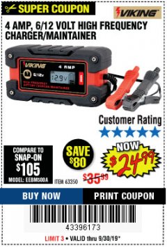 Harbor Freight Coupon 4AMP 6/12V HIGH FREQUENCY SMART BATTERY CHARGER Lot No. 63350 Expired: 9/30/19 - $24.99
