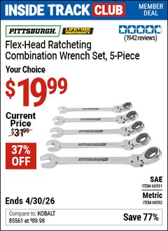 Harbor Freight Coupon PITTSBURGH FLEX-HEAD METRIC RATCHETING COMBINATION WRENCH SET, 5-PIECE Lot No. 60592 Valid: 12/31/69 - 4/30/26 - $19.99