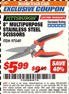 Harbor Freight ITC Coupon 8" MULTIPURPOSE STAINLESS STEEL SCISSORS Lot No. 97049 Expired: 7/31/18 - $5.99