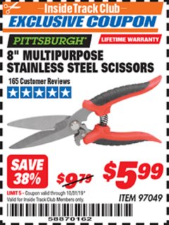 Harbor Freight ITC Coupon 8" MULTIPURPOSE STAINLESS STEEL SCISSORS Lot No. 97049 Expired: 10/31/19 - $5.99