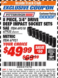 Harbor Freight ITC Coupon 8 PIECE, 3/4" DRIVE IMPACT DEEP SOCKET SETS Lot No. 69518/67935/67921 Expired: 11/30/18 - $49.99