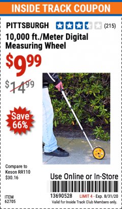 Harbor Freight ITC Coupon 10,000 FT. DIGITAL MEASURING WHEEL Lot No. 96136/62705 Expired: 8/31/20 - $9.99