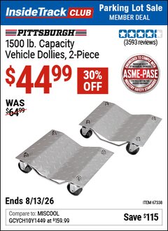 Harbor Freight Coupon PITTSBURGH 1500 LB. CAPACITY VEHICLE DOLLIES, 2-PIECE Lot No. 67338/60343 Valid: 12/31/69 - 8/13/26 - $44.99