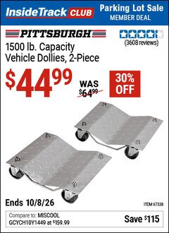 Harbor Freight ITC Coupon PITTSBURGH 1500 LB. CAPACITY VEHICLE DOLLIES, 2-PIECE Lot No. 67338/60343 Expired: 10/8/26 - $44.99