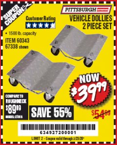 Harbor Freight Coupon 2 PIECE VEHICLE WHEEL DOLLIES 1500 LB. CAPACITY Lot No. 67338/60343 Expired: 6/30/20 - $39.99