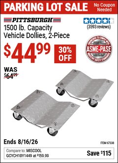 Harbor Freight Coupon PITTSBURGH 1500 LB. CAPACITY VEHICLE DOLLIES, 2-PIECE Lot No. 67338/60343 EXPIRES: 8/16/26 - $44.99