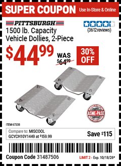 Harbor Freight Coupon PITTSBURGH 1500 LB. CAPACITY VEHICLE DOLLIES, 2-PIECE Lot No. 67338/60343 Expired: 10/18/26 - $44.99