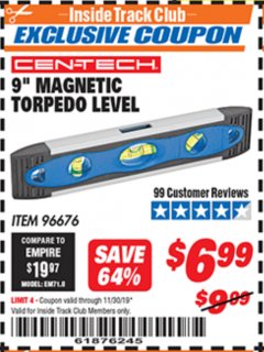 Harbor Freight ITC Coupon 9" MAGNETIC TORPEDO LEVEL Lot No. 96676 Expired: 11/30/19 - $6.99