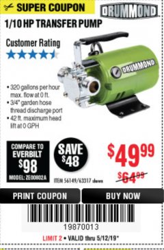Harbor Freight Coupon 1/10 HP TRANSFER PUMP Lot No. 63317 Expired: 5/12/19 - $49.99