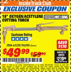 Harbor Freight ITC Coupon 18" OXYGEN ACETYLENE CUTTING TORCH  Lot No. 63329/96290 Expired: 9/30/18 - $49.99