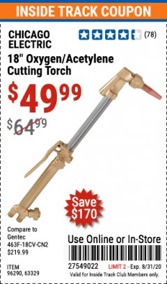 Harbor Freight ITC Coupon 18" OXYGEN ACETYLENE CUTTING TORCH  Lot No. 63329/96290 Expired: 8/31/20 - $49.99