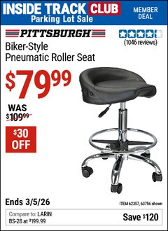 Harbor Freight ITC Coupon PITTSBURGH BIKER-STYLE PNEUMATIC ROLLER SEAT Lot No. 63756/62357 Expired: 3/5/26 - $79.99