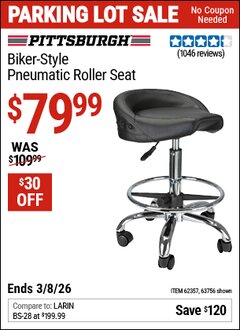 Harbor Freight Coupon PITTSBURGH BIKER-STYLE PNEUMATIC ROLLER SEAT Lot No. 63756/62357 Expired: 3/8/26 - $79.99
