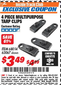 Harbor Freight ITC Coupon 4 PIECE MULTIPURPOSE TARP CLIPS Lot No. 63067/68014 Expired: 5/31/18 - $3.49