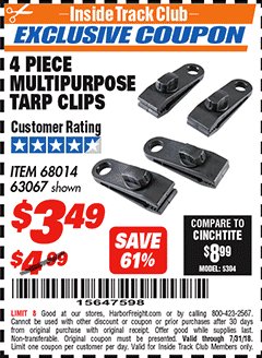 Harbor Freight ITC Coupon 4 PIECE MULTIPURPOSE TARP CLIPS Lot No. 63067/68014 Expired: 7/31/18 - $3.49