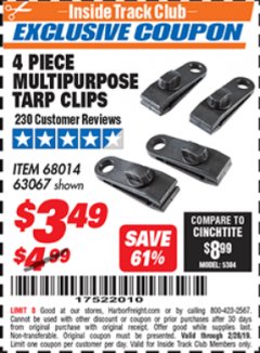 Harbor Freight ITC Coupon HFT MULTIPURPOSE TARP CLIPS, 4-PIECE Lot No. 63067 Expired: 2/28/19 - $3.49