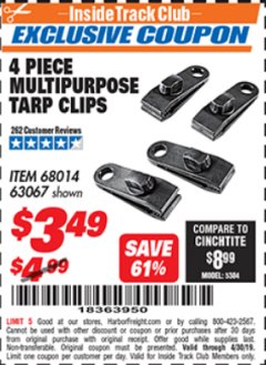 Harbor Freight ITC Coupon 4 PIECE MULTIPURPOSE TARP CLIPS Lot No. 63067/68014 Expired: 4/30/19 - $3.49
